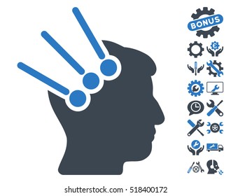 Neural Interface Connectors icon with bonus settings graphic icons. Vector illustration style is flat iconic smooth blue symbols on white background.