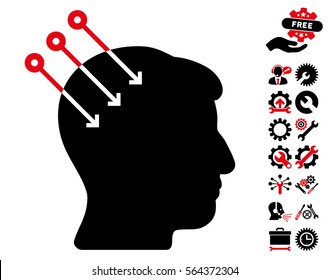 Neural Interface Connectors icon with bonus configuration symbols. Vector illustration style is flat iconic intensive red and black symbols on white background.