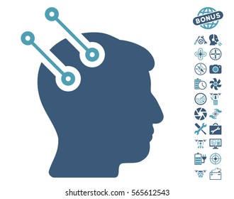 Neural Interface Connectors icon with bonus flying drone tools icon set. Vector illustration style is flat iconic cyan and blue symbols on white background.