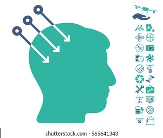 Neural Interface Connectors icon with bonus uav tools pictograms. Vector illustration style is flat iconic cobalt and cyan symbols on white background.