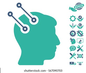 Neural Interface Connectors icon with bonus settings clip art. Vector illustration style is flat iconic cobalt and cyan symbols on white background.