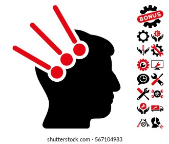 Neural Interface Connectors icon with bonus tools graphic icons. Vector illustration style is flat iconic intensive red and black symbols on white background.