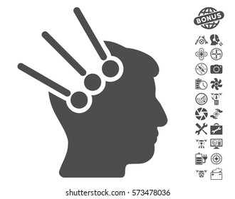Neural Interface Connectors icon with bonus flying drone service design elements. Vector illustration style is flat iconic symbols on white background.