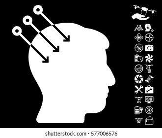 Neural Interface Connectors icon with bonus copter service pictograms. Vector illustration style is flat iconic white symbols on black background.