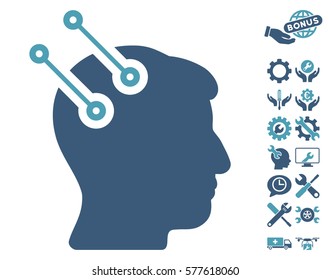 Neural Interface Connectors icon with bonus tools clip art. Vector illustration style is flat iconic cyan and blue symbols on white background.