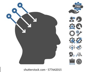 Neural Interface Connectors icon with bonus settings clip art. Vector illustration style is flat iconic cobalt and gray symbols on white background.
