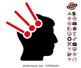 Neural Interface Connectors icon with bonus flying drone tools clip art. Vector illustration style is flat iconic intensive red and black symbols on white background.