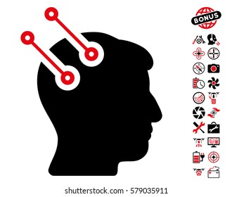 Neural Interface Connectors icon with bonus quadrocopter service clip art. Vector illustration style is flat iconic intensive red and black symbols on white background.
