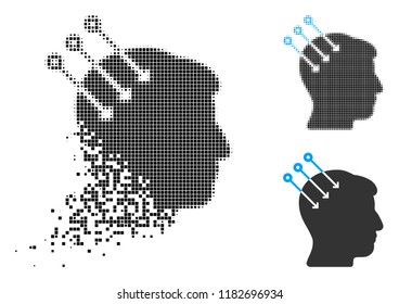 Neural interface connectors icon in dissolved, dotted halftone and whole versions. Pixels are arranged into vector disappearing neural interface connectors pictogram.
