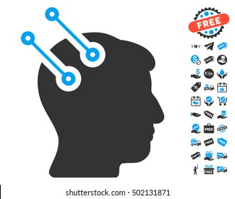 Neural Interface Connectors icon with free bonus pictograph collection. Vector illustration style is flat iconic symbols, blue and gray colors, white background.