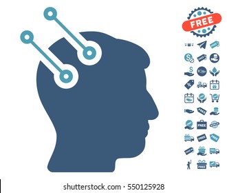 Neural Interface Connectors icon with free bonus images. Vector illustration style is flat iconic symbols, cyan and blue colors, white background.