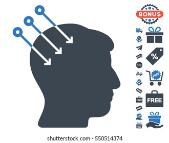 Neural Interface Connectors icon with free bonus design elements. Vector illustration style is flat iconic symbols, smooth blue colors, white background.