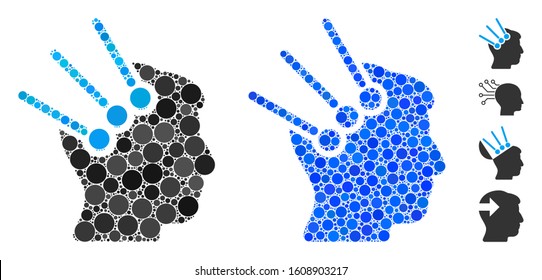 Neural interface connectors mosaic of small circles in different sizes and shades, based on neural interface connectors icon. Vector small circles are organized into blue collage.