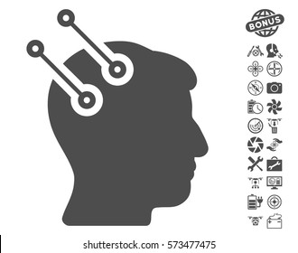 Neural Interface Connectors pictograph with bonus quad copter tools images. Vector illustration style is flat iconic symbols on white background.