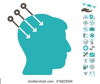 Neural Interface Connectors pictograph with bonus airdrone service clip art. Vector illustration style is flat iconic grey and cyan symbols on white background.