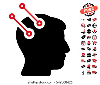 Neural Interface Connectors pictograph with free bonus icon set. Vector illustration style is flat iconic symbols, intensive red and black colors, white background.