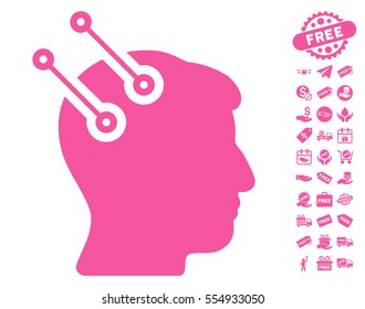 Neural Interface Connectors pictograph with free bonus images. Vector illustration style is flat iconic symbols, pink color, white background.