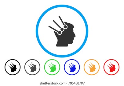 Neural Interface Connectors vector rounded icon. Image style is a flat gray icon symbol inside a blue circle. Bonus color versions are grey, black, blue, green, red, orange.