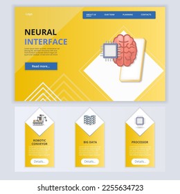 Neural interface flat landing page website template. Robotic conveyor, big data, processor. Web banner with header, content and footer. Vector illustration.
