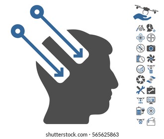 Neural Interface icon with bonus aircopter tools graphic icons. Vector illustration style is flat iconic cobalt and gray symbols on white background.