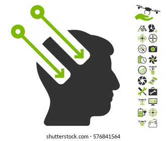Neural Interface icon with bonus aircopter tools symbols. Vector illustration style is flat iconic eco green and gray symbols on white background.