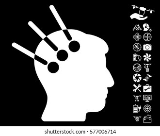 Neural Interface icon with bonus airdrone tools pictures. Vector illustration style is flat iconic white symbols on black background.
