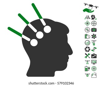 Neural Interface icon with bonus airdrone service symbols. Vector illustration style is flat iconic green and gray symbols on white background.