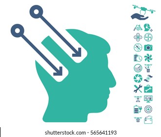 Neural Interface icon with bonus nanocopter tools clip art. Vector illustration style is flat iconic cobalt and cyan symbols on white background.