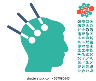 Neural Interface icon with bonus options images. Vector illustration style is flat iconic cobalt and cyan symbols on white background.