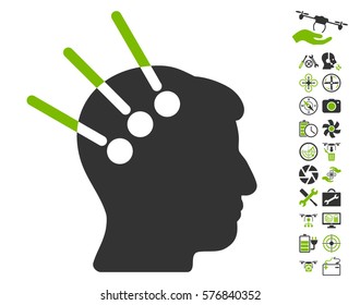 Neural Interface icon with bonus quad copter service symbols. Vector illustration style is flat iconic eco green and gray symbols on white background.