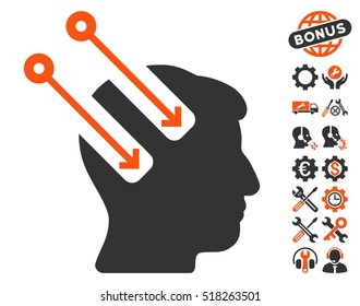 Neural Interface icon with bonus service pictograph collection. Vector illustration style is flat iconic orange and gray symbols on white background.