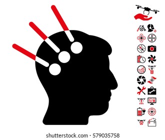Neural Interface icon with bonus uav tools pictograph collection. Vector illustration style is flat iconic intensive red and black symbols on white background.