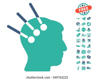 Neural Interface icon with free bonus pictograph collection. Vector illustration style is flat iconic symbols, cobalt and cyan colors, white background.