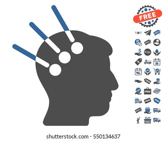 Neural Interface icon with free bonus graphic icons. Vector illustration style is flat iconic symbols, cobalt and gray colors, white background.