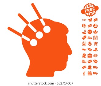 Neural Interface icon with free bonus icon set. Vector illustration style is flat iconic symbols, orange color, white background.