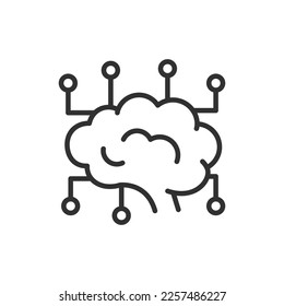 Neural interface, linear icon. Artificial intelligence. The brain and elements of an electronic circuit board. Line with editable stroke