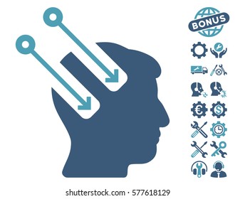 Neural Interface pictograph with bonus configuration symbols. Vector illustration style is flat iconic cyan and blue symbols on white background.