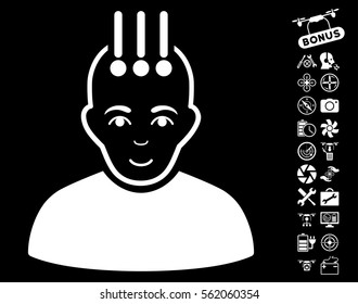 Neural Interface pictograph with bonus copter service pictograms. Vector illustration style is flat iconic white symbols on black background.
