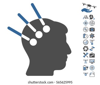 Neural Interface pictograph with bonus copter tools symbols. Vector illustration style is flat iconic cobalt and gray symbols on white background.