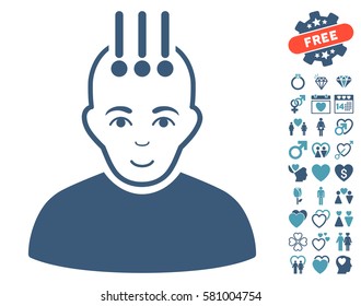 Neural Interface pictograph with bonus romantic images. Vector illustration style is flat iconic cyan and blue symbols on white background.