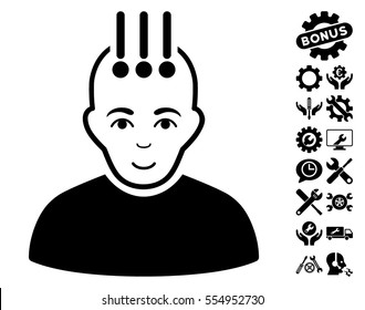 Neural Interface pictograph with bonus settings graphic icons. Vector illustration style is flat iconic black symbols on white background.