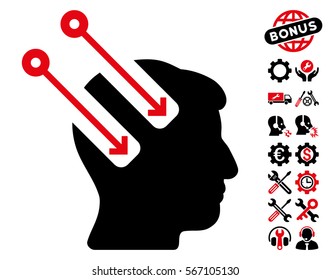 Neural Interface pictograph with bonus tools symbols. Vector illustration style is flat iconic intensive red and black symbols on white background.