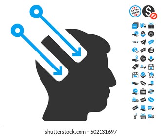 Neural Interface pictograph with free bonus design elements. Vector illustration style is flat iconic symbols, blue and gray colors, white background.