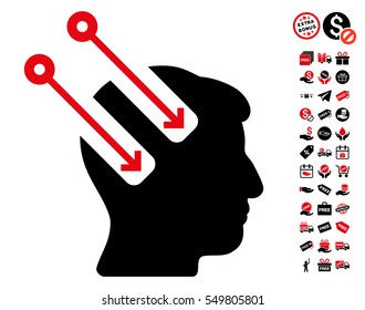 Neural Interface pictograph with free bonus symbols. Vector illustration style is flat iconic symbols, intensive red and black colors, white background.