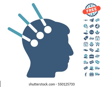 Neural Interface pictograph with free bonus design elements. Vector illustration style is flat iconic symbols, cyan and blue colors, white background.