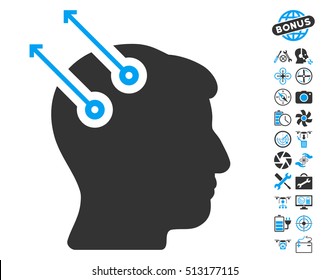 Neural Interface Plugs icon with bonus copter tools symbols. Vector illustration style is flat iconic blue and gray symbols on white background.