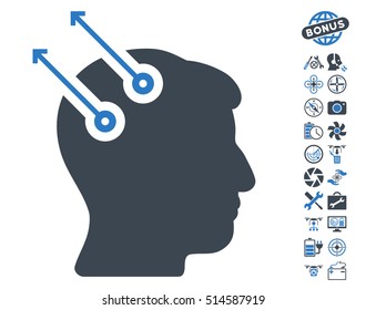 Neural Interface Plugs icon with bonus drone tools pictures. Vector illustration style is flat iconic symbols on white background.