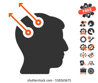 Neural Interface Plugs icon with bonus service design elements. Vector illustration style is flat iconic orange and gray symbols on white background.