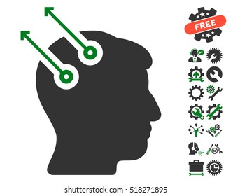 Neural Interface Plugs icon with bonus setup tools clip art. Vector illustration style is flat iconic green and gray symbols on white background.