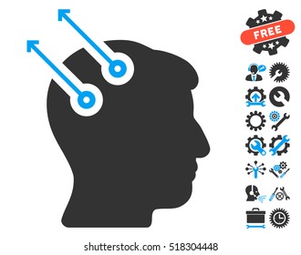 Neural Interface Plugs icon with bonus tools images. Vector illustration style is flat iconic blue and gray symbols on white background.